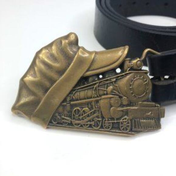 Vintage Black Leather Train Belt & Buckle - Picture 2 of 7